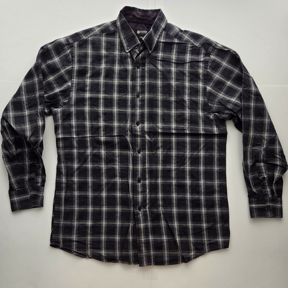 Haggar Clo. Black and White Plaid Casual Button Down Shirt Medium UGC 100%cotton